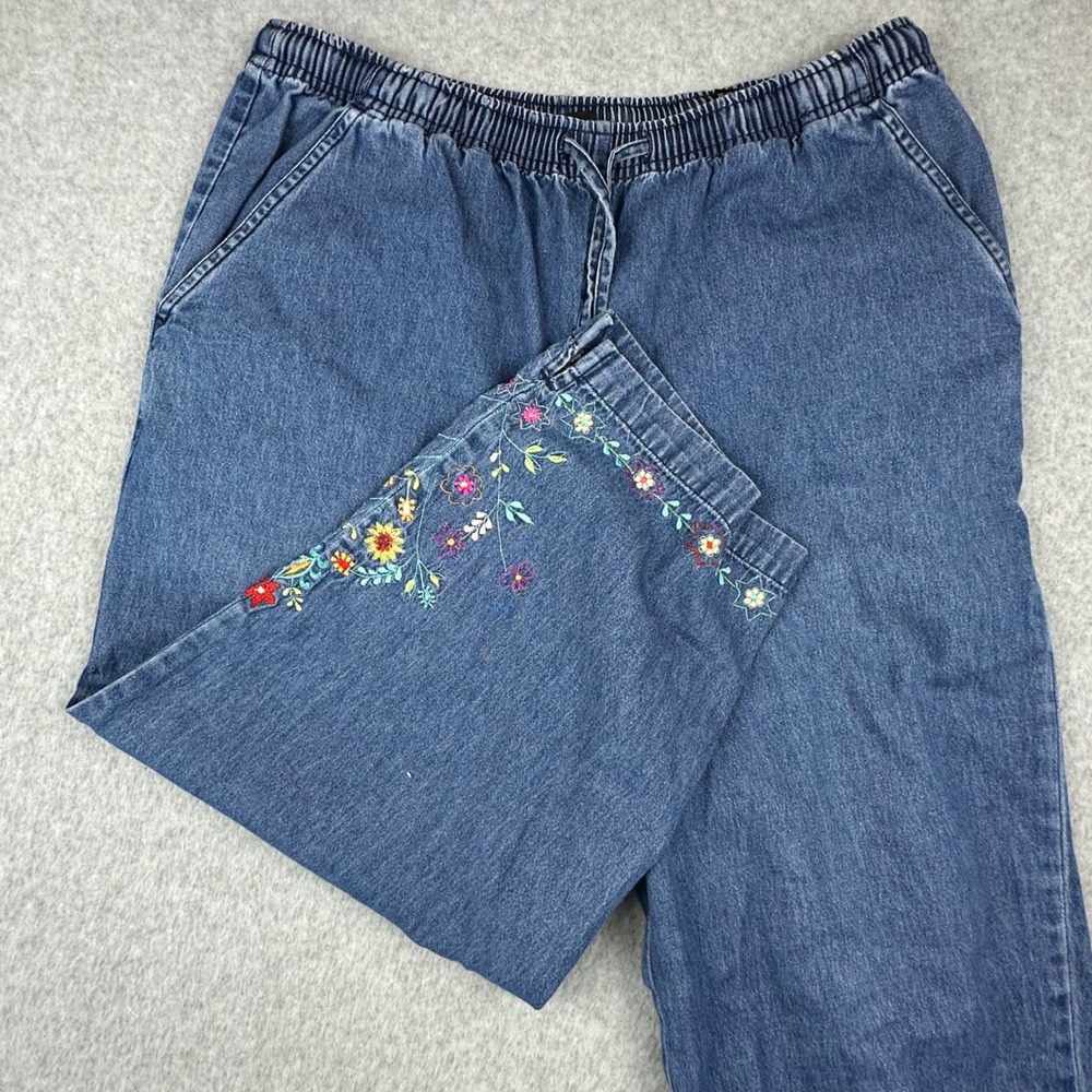 Erika Blue Denim Floral Embroidered Pull On Crop Pants Small Elastic Waist